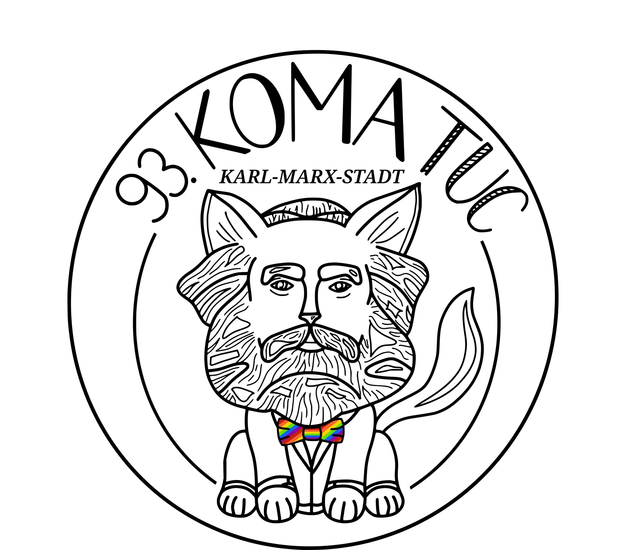 Logo der 93. KoMa: Eine sitzende Katze mit dem Kopf von Karl-Marx und einer Regenbogenschleife am Hals. Darüber steht der Schriftzug: "93. KOMA TUC KARL-MARX-STADT". Gezeichnet von Lisa Schöne, CC BY-NC-SA 4.0.